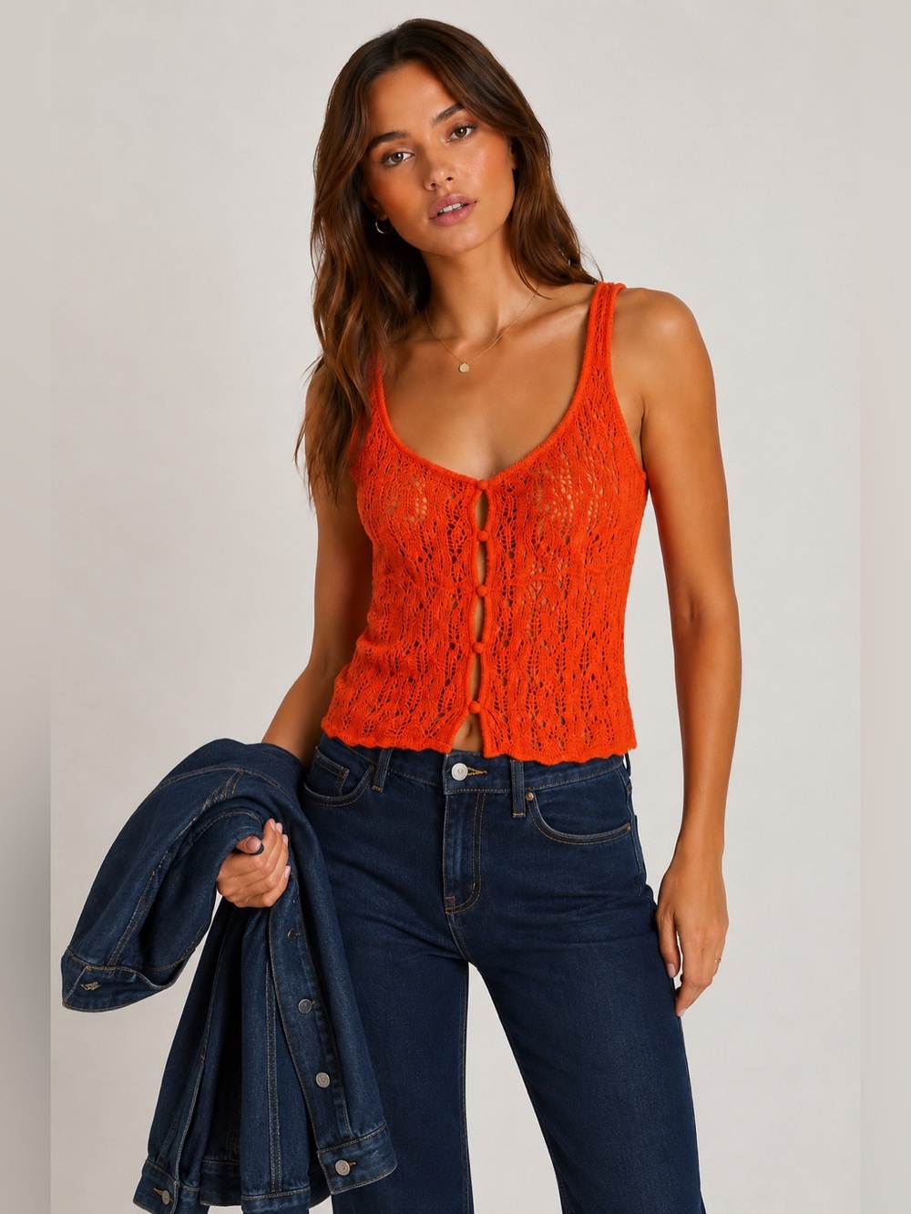 Future Collective x Jenee Naylor Crochet Knit Button Front Tank Red/Orange XXS